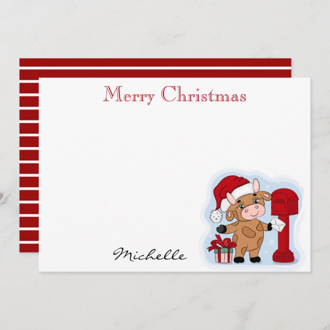 Cartão De Notas Natal com Monograma Festa Cute Vaca Personalizado (Frente/Verso)