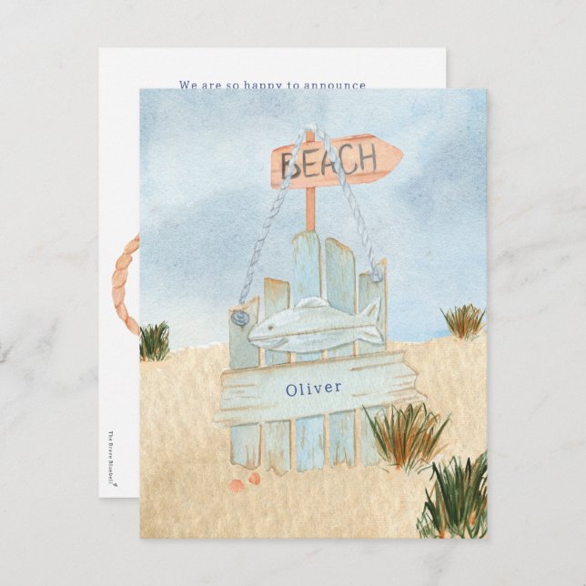 Cartão De Notas Nautical Beach Ocean Lifebuoy Birth Announcement (Frente/Verso)