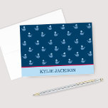 Cartão De Notas Nautical Navy Blue Red Whale Pattern Custom Name<br><div class="desc">Folded note or thank you note cards feature custom text and a pattern of little whales.  Colors include light blue,  steel blue,  navy blue and red.</div>