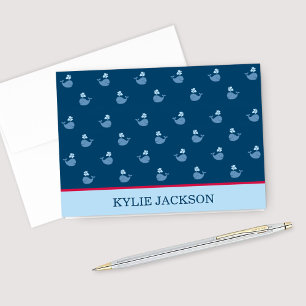 Cartão De Notas Nautical Navy Blue Red Whale Pattern Custom Name