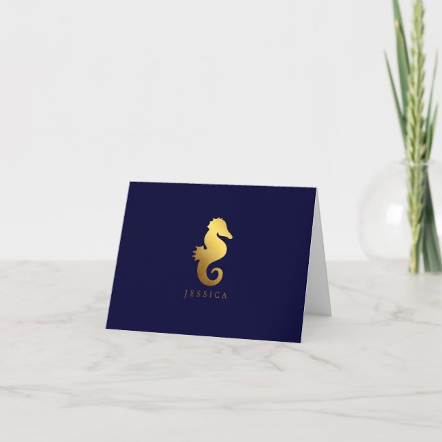 Cartão De Notas Navy and Faux Gold Foil Seahorse (Frente)