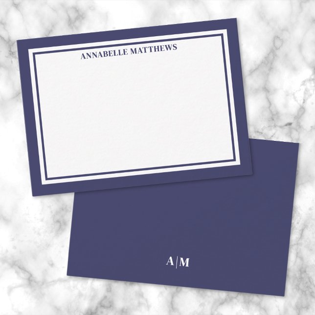 Cartão De Notas Navy Blue Border Minimalist Name Monogram (Navy Blue Border Minimalist Name Monogram Note Card)