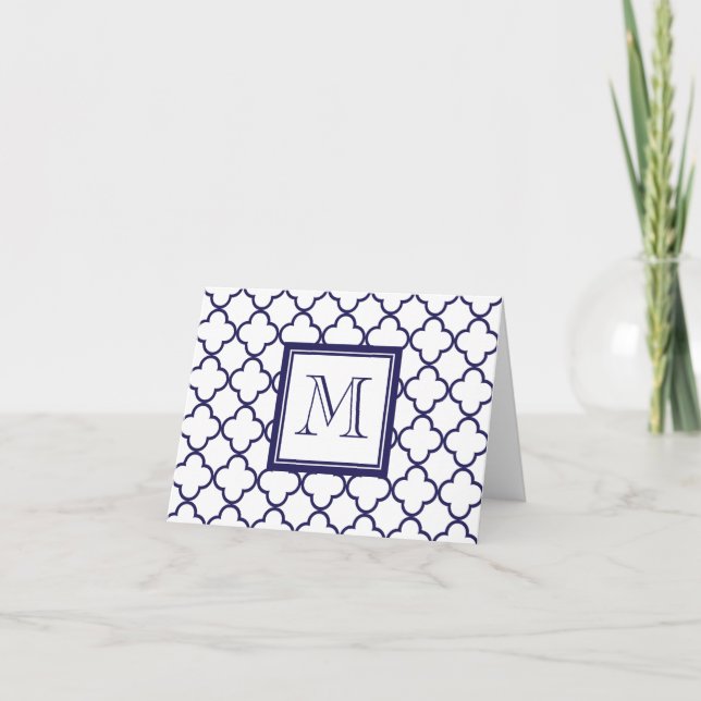 Cartão De Notas Navy Blue, White Quatrefoil | Your Monogram (Frente)