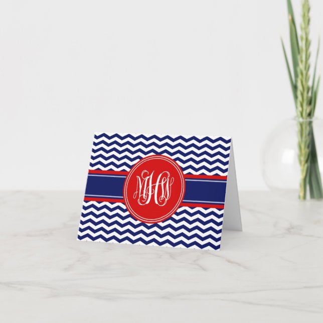 Cartão De Notas Navy Wht Red Thin Chevron 3I Vine Script Monogram (Frente)