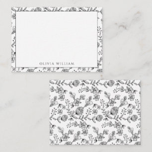 Cartão De Notas Nome da Borda Floral do Boho Branco e Preto Elegan
