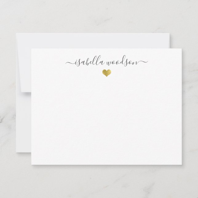 Cartão De Notas Nome de Script Elegante Faux Gold Foil Heart (Frente)