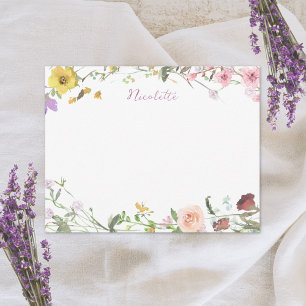 Cartão De Notas Nome de Script Floral de Aquarela Carimbo Personal