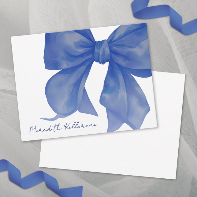 Cartão De Notas Nome do Arco Azul do Marinho Elegante Personalizad (Personalized Elegant Navy Blue Bow Name Note Card)