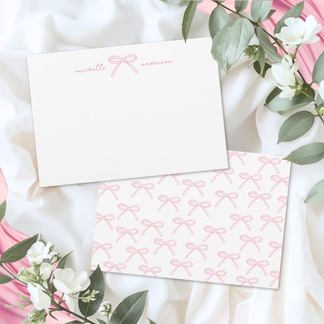 Cartão De Notas Nome do Laço Rosa Bege (Blush Pink Bow Name Note Card)