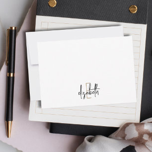 Cartão De Notas Nome do Monograma Elegante Script Dourado Preto