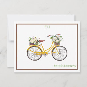Cartão De Notas Nome do Monograma Floral de Bicicleta Branco