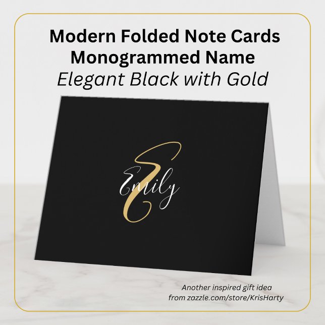 Cartão De Notas Nome do Script do Monograma Dourado Preto Elegante (Criador carregado)