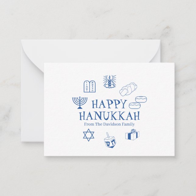 Cartão De Notas Nome personalizado branco azul de Hanukkah feliz (Frente)