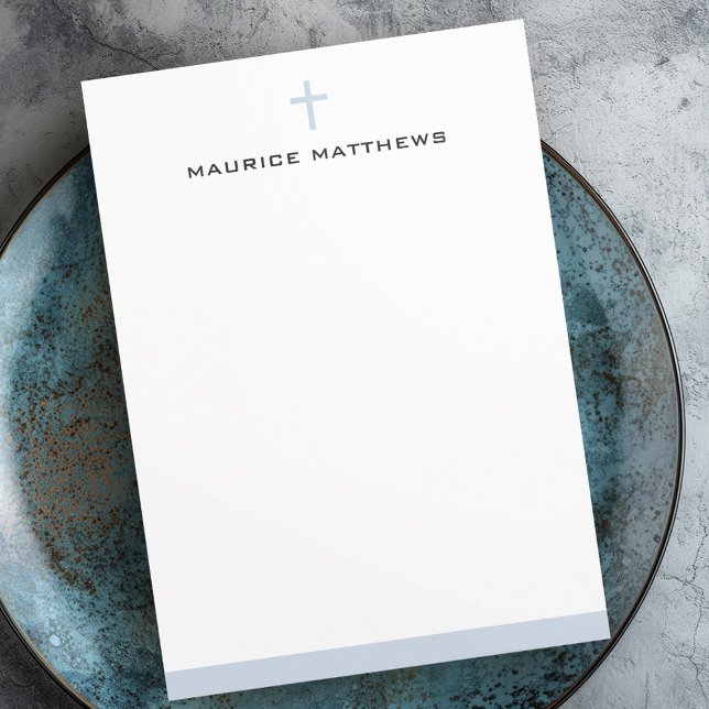 Cartão De Notas Nome simples de cruz azul empoeirado borda plana (Simple cross masculine name dusty blue border flat note card)