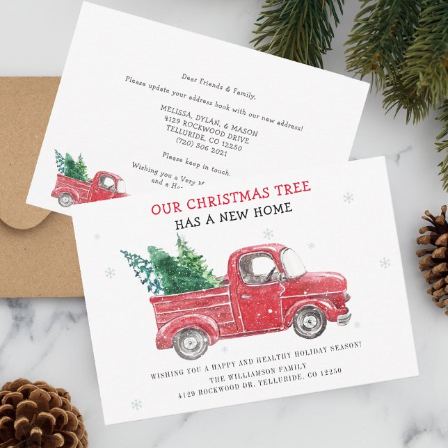 Cartão De Notas Nós Mudamos Férias de Natal Anunciando sobre Movim (Christmas Holidays Tree Has Moved Red Truck Moving Announcement)