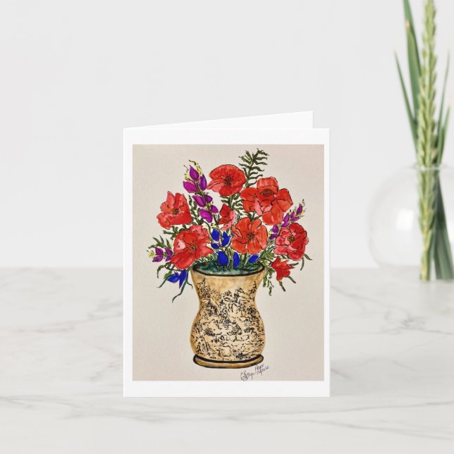 Cartão De Notas Nota dobrada Pintura original de papoilas vermelha (Frente)