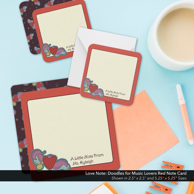 Cartão De Notas Nota sobre o amor: rabiscos para música sopram ver (Love Note: Doodles for Music Lovers Red Note Cards - Shown in the 2.5"x2.5" and 5.25"x5.25" Sizes)