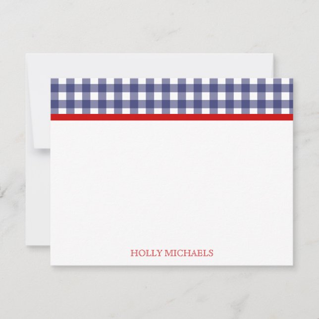 Cartão De Notas Notecards Plano Azul Gingham e Vermelho (Frente)