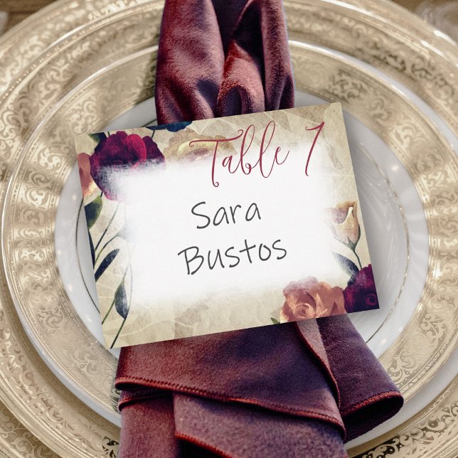 Cartão De Notas Número da Tabela de Casamento de Rosas Beige Antig (burgundy red roses, beige wedding place card, table reserved table name card, elegant script)