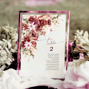 Cartão De Notas Número de Mesa Floral Burgundy Blush Rústico Moder