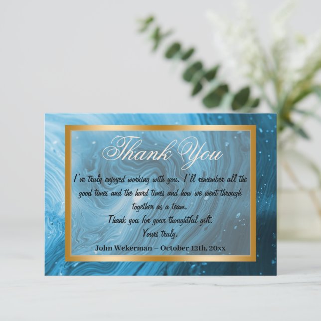 Cartão De Notas Obrigado, colega de trabalho e mármore azul claro, (Em pé/Frente)