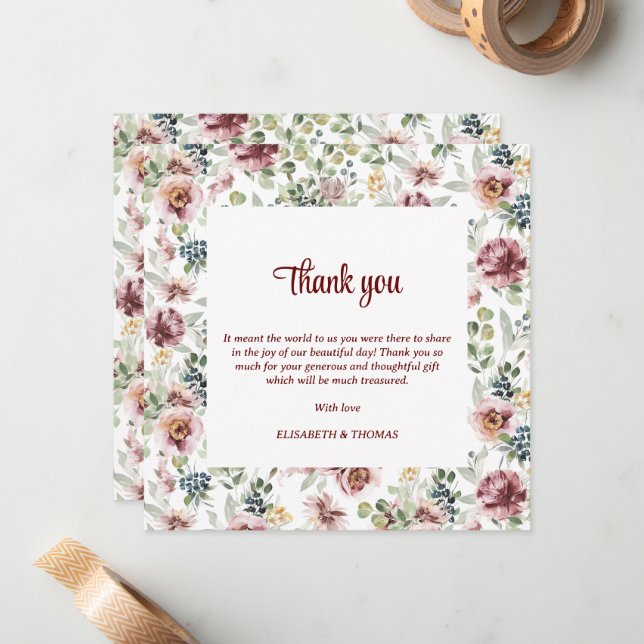 Cartão De Notas Obrigado de casamento de rosas românticos florais (Frente/Verso In Situ)