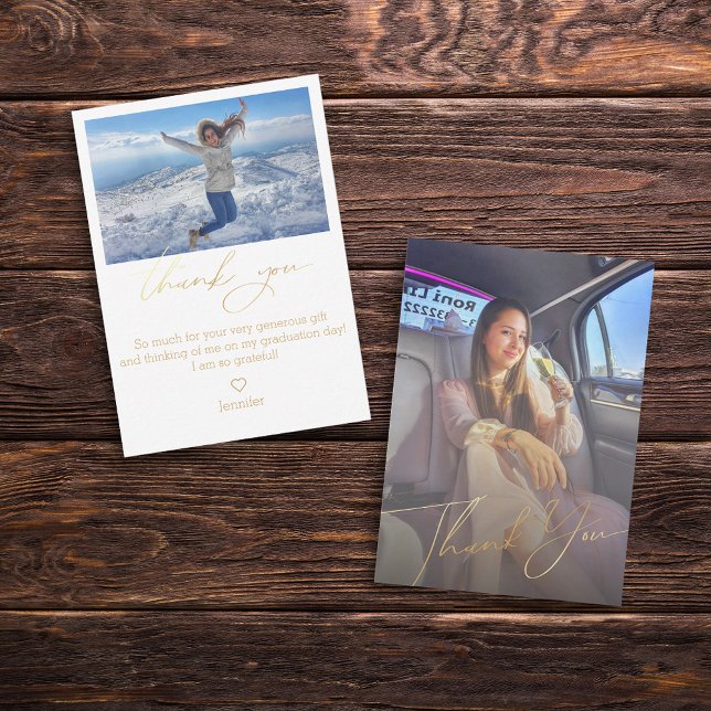 Cartão De Notas obrigado de script dourado para graduação 2 fotos (Criador carregado)