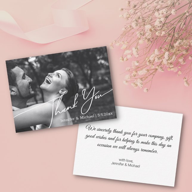 Cartão De Notas obrigado de sua foto de casamento mínima preto&bra (Criador carregado)