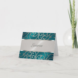 Cartão De Notas Obrigado Elegante Azul Teal e Filigre Prateado