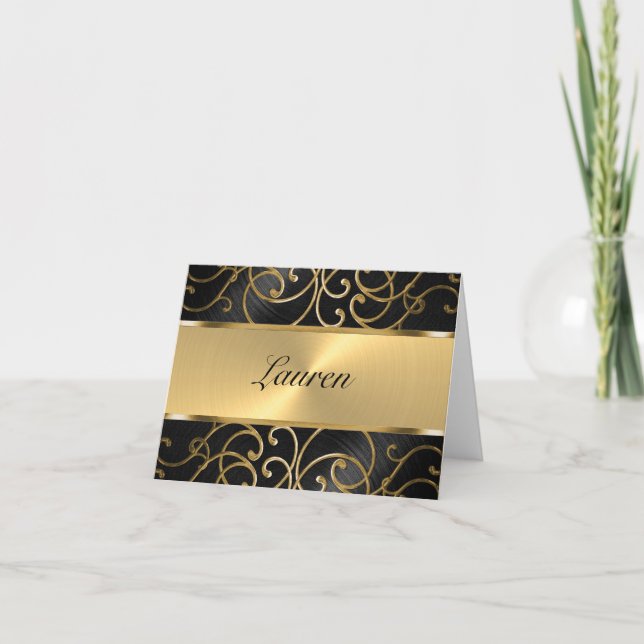 Cartão De Notas Obrigado Elegante Black e Dourado Filigree (Frente)