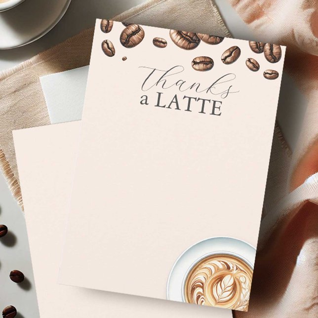 Cartão De Notas Obrigados Um Adaptador De Lover De Café Latino (Coffee themed bridal shower thank you note cards with a latte and top boarder of coffee beans)