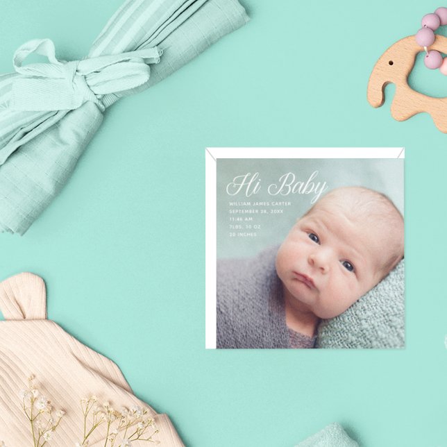 Cartão De Notas Olá Bebê Foto Chic White Script Announing (Criador carregado)