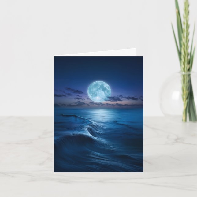 Cartão De Notas Ondas do Oceano ao Luar com Lua Cheia (Frente)