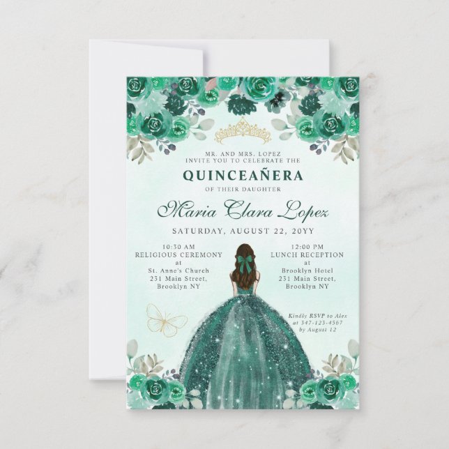 Cartão De Notas Orçamento Emerald Green Floral Princesa Quinceañer (Frente)