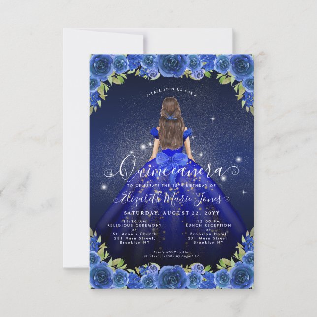 Cartão De Notas Orçamento Floral Royal Blue Princesa Quinceanera (Frente)