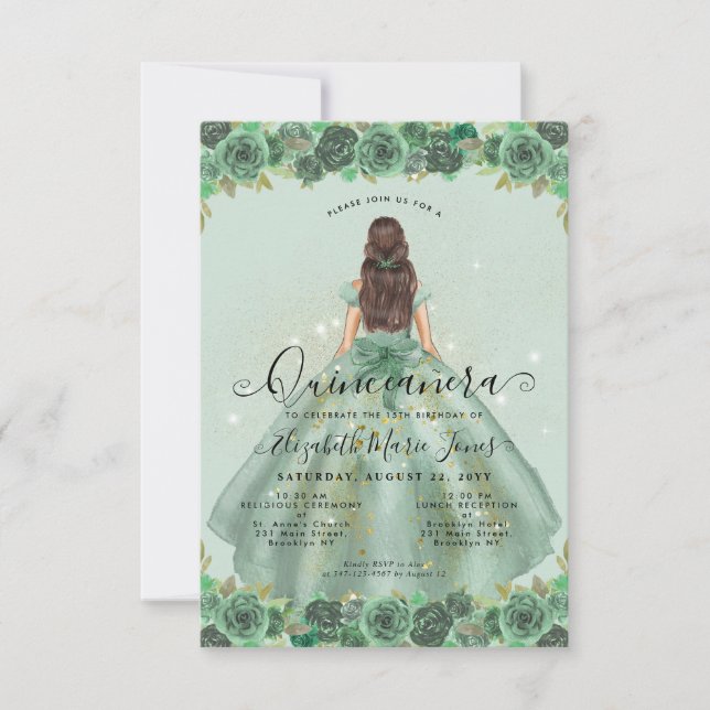 Cartão De Notas Orçamento Floral Sage Green Princesa Quinceanera (Frente)