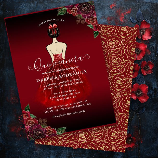 Cartão De Notas Orçamento Floral Vermelho Dourado Aniversário Quin (Budget Floral Red Gold Birthday Quinceañera Note Card)