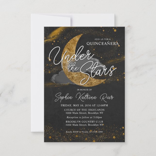 Cartão De Notas Orçamento sob as estrelas Dourada Glam Quinceanera (Frente)