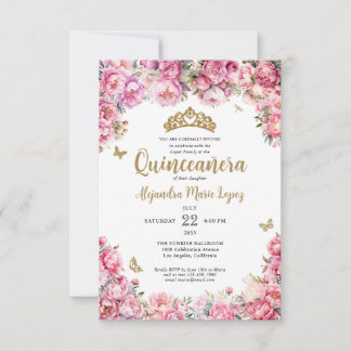 Cartão De Notas Orquestra Floral Rosa Dourada Tiara Quinceañera