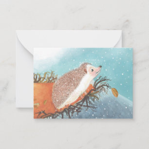 Cartão De Notas ouriço-cacheiro e primeiros flocos de neve  