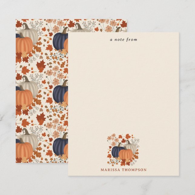 Cartão De Notas Outono de Abóbora Selvagem Rustico Flores Folhas (Frente/Verso)