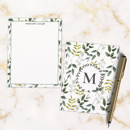 Cartão De Notas Padrão de Aquarela de Folhas Verdes Monogramadas