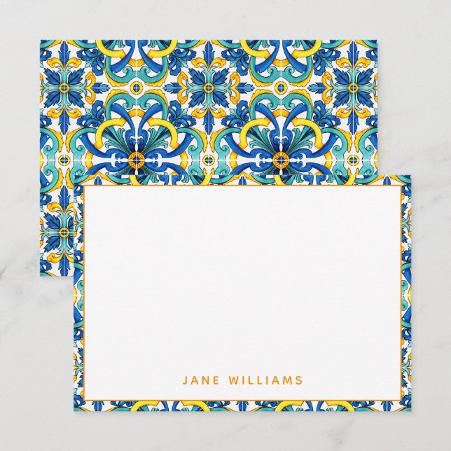 Cartão De Notas Padrão de Azulejo Mediterrâneo Personalizado (Frente/Verso)