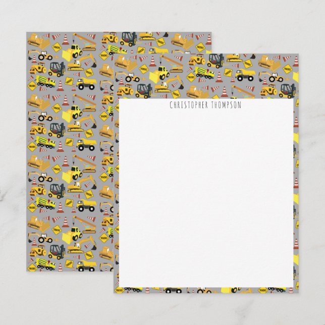 Cartão De Notas Padrão de Caminhões de Construção Infantil (Frente/Verso)