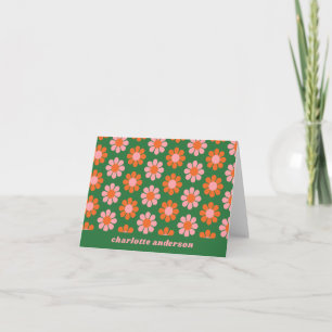Cartão De Notas Padrão de Flor Retro Fofo Personalizado Verde Rosa