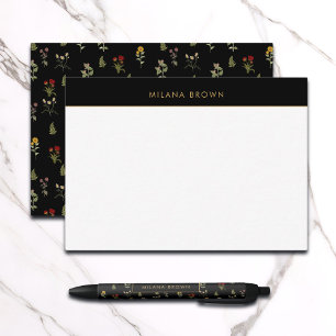 Cartão De Notas Padrão de Flor Selvagem Chic Black Boho