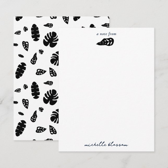 Cartão De Notas Padrão de Folhas de Verão Tropicais Pretas e Branc (Frente/Verso)
