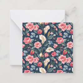 Cartão De Notas Padrão de Jardim Floral Azul Naval Romântico