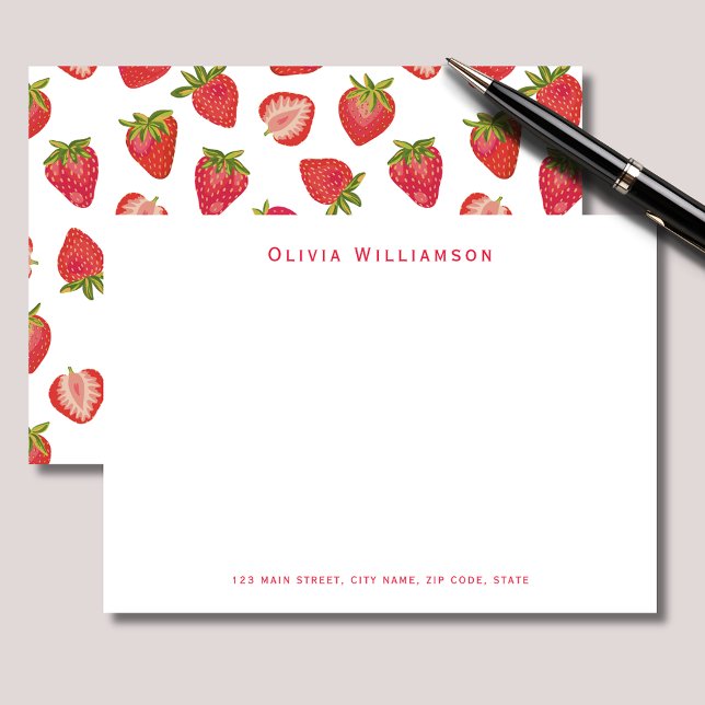 Cartão De Notas Padrão de morango bonito personalizado (Strawberry personalized notecards with name and address details. )