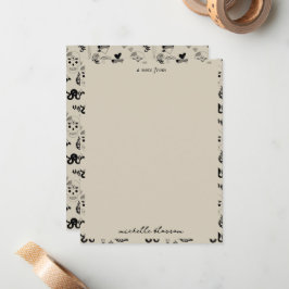 Cartão De Notas Padrão de Tatuagem Desenhado à Mão Preto e Bege